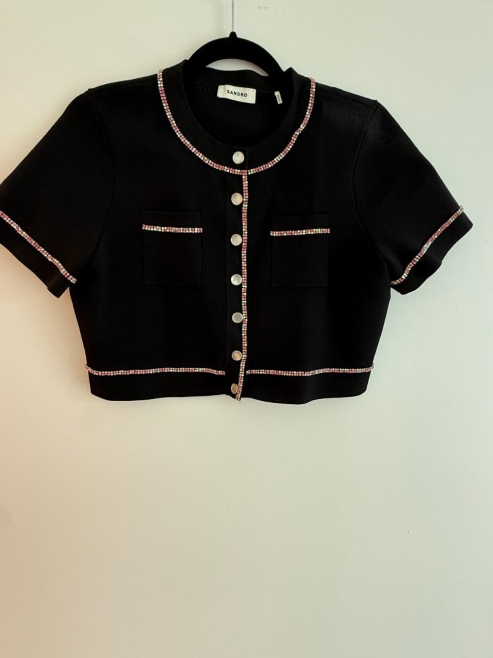 Sandro Paris Black Cropped Cardigan Rhinestone Trim Button Top